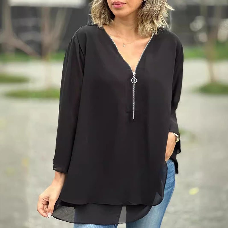 Isabelle | Flowing Zip-Front V-Neck Blouse