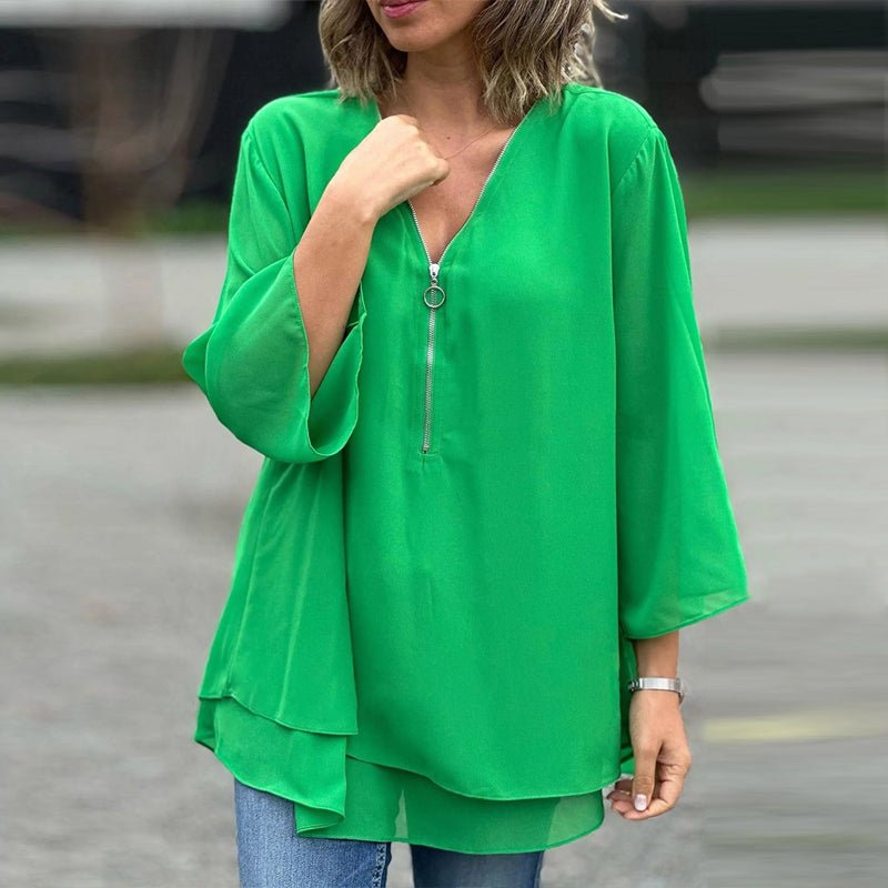 Isabelle | Flowing Zip-Front V-Neck Blouse