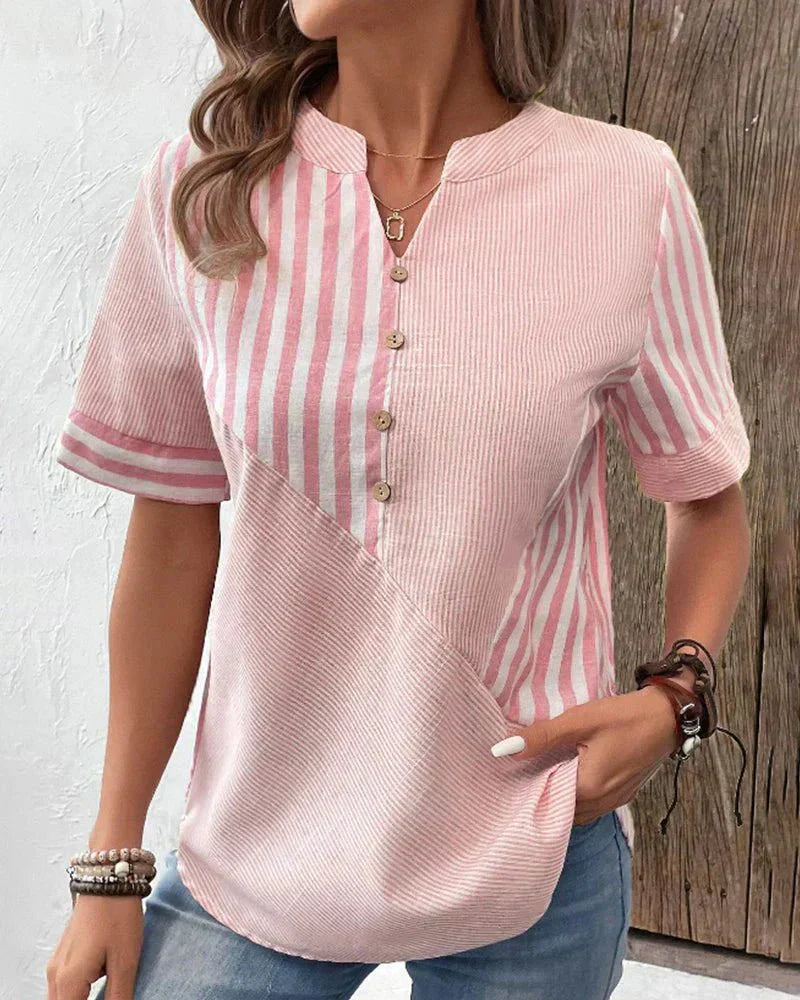 Amelie | Striped Notch-Neck Flare-Sleeve Blouse