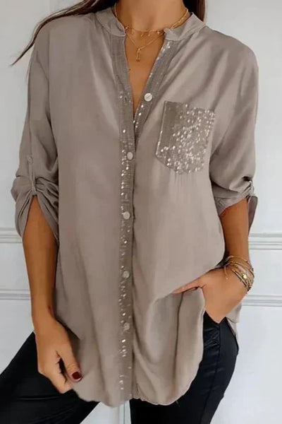 Hannah | Sequin Trim Button-Up Top