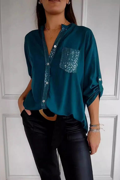 Hannah | Sequin Trim Button-Up Top