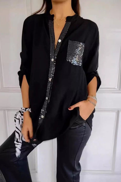 Hannah | Sequin Trim Button-Up Top