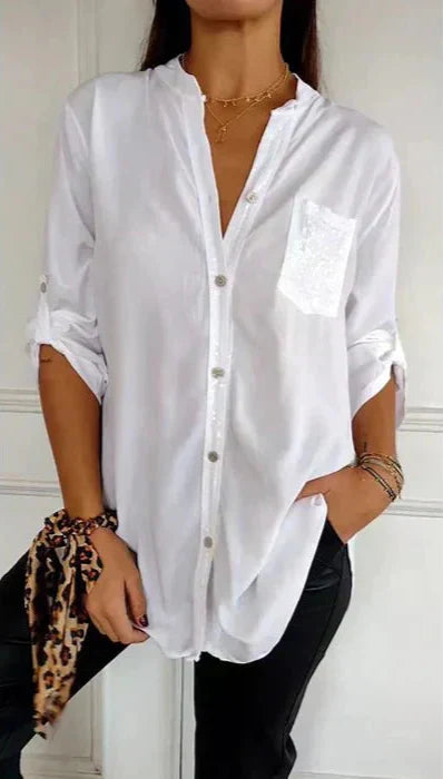 Hannah | Sequin Trim Button-Up Top