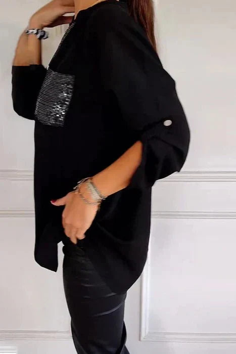 Hannah | Sequin Trim Button-Up Top