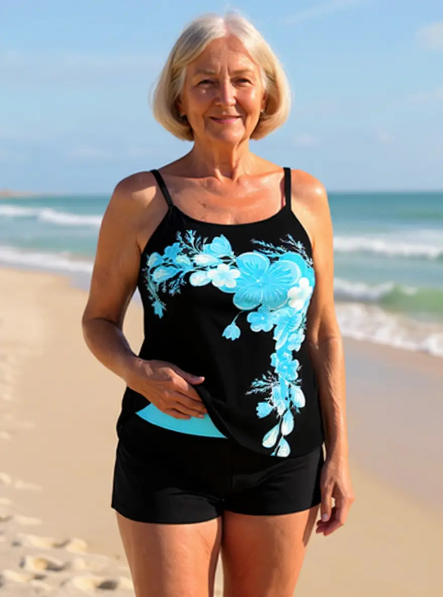 Avery | Floral Print Cross Strap Halter Tankini Set