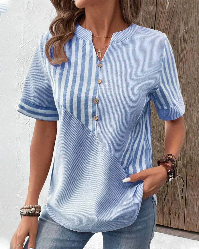 Amelie | Striped Notch-Neck Flare-Sleeve Blouse
