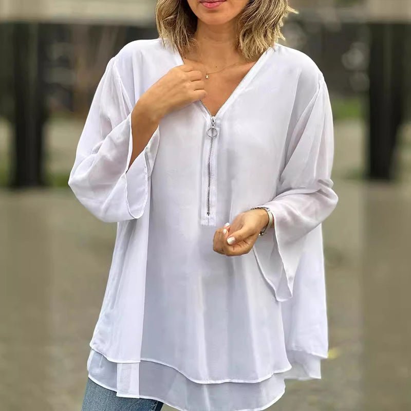 Isabelle | Flowing Zip-Front V-Neck Blouse